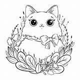 Coloring Cat Fluffy Cartoon Flowers Bow Premium Vector Freepik Color sketch template