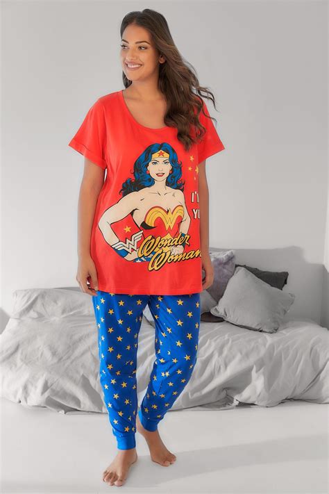 red and blue wonder woman print pyjama set plus size 16 to