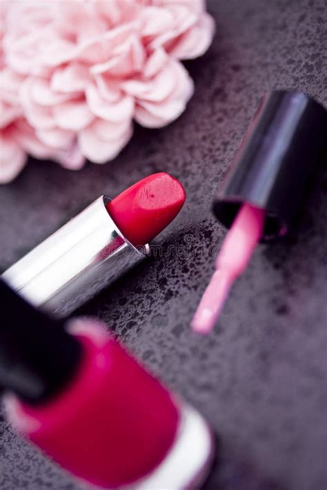 red lipstick nail polish pink petals stock image image  nail