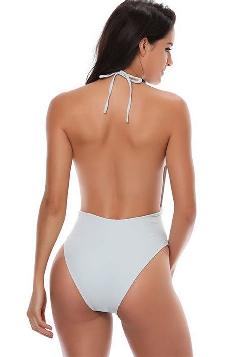 Backless One Piece Swimsuit With Halter And V Neck