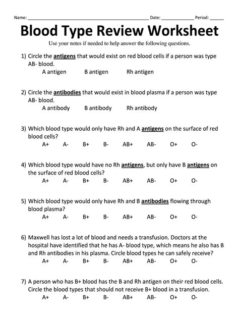 blood type review worksheet fill  printable fillable blank