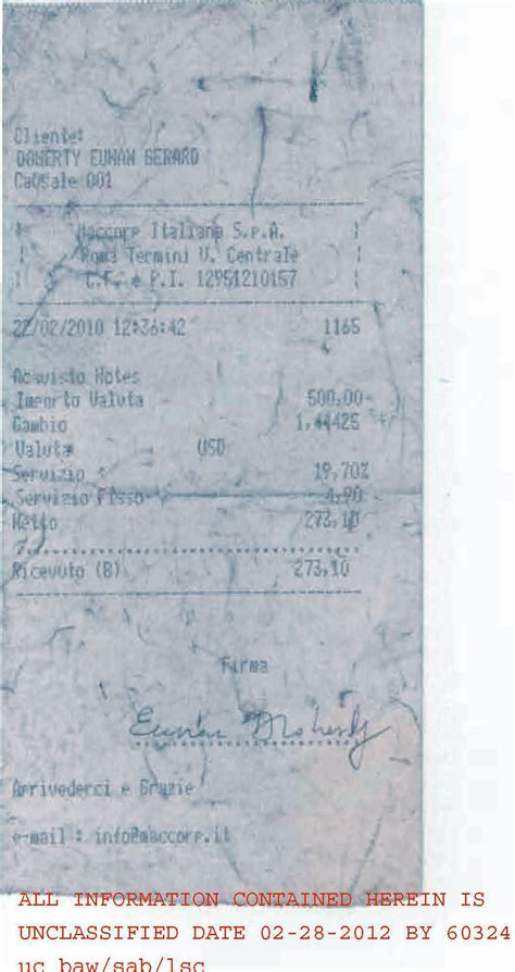 Fbi Records The Vault — Eunan Gerard Doherty S Receipt Rome Italy