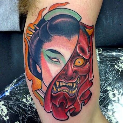 geisha girl with hannya mask tattoo on bicep japanese tattoo hannya