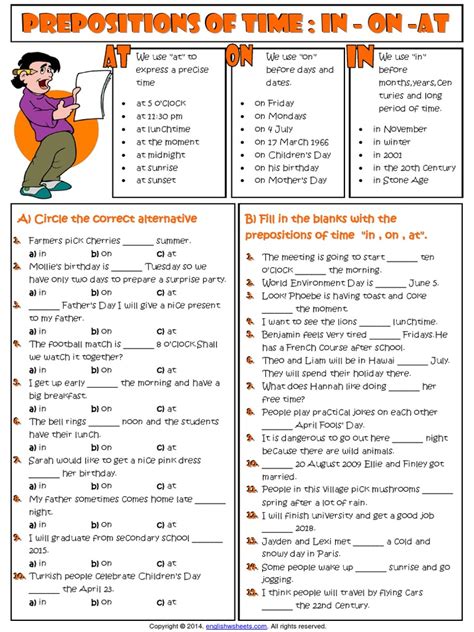 prepositions  time    esl grammar exercises worksheet