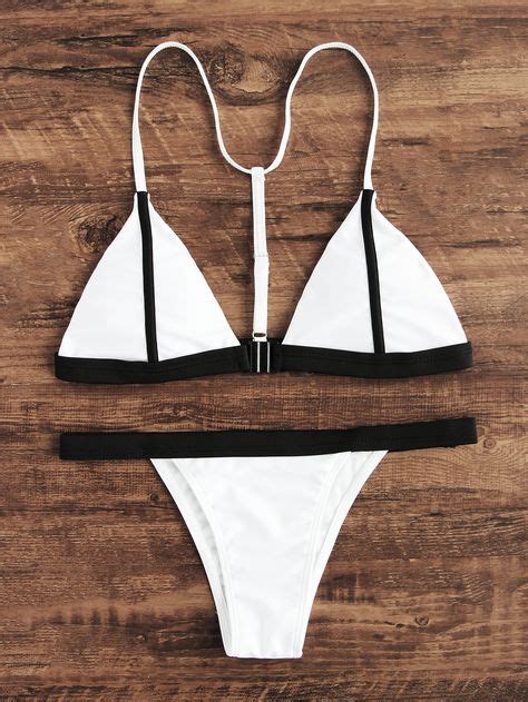 white triangle padded contrast trim halter bikini set bikinis black