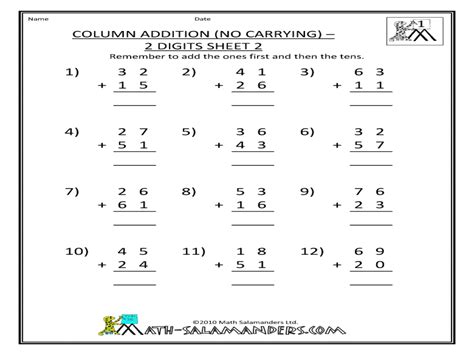 column addition  carrying  digits worksheet  st  grade