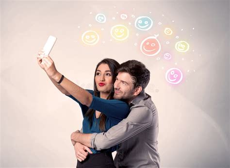 Happy Couple Taking Selfie With Smiley Stock Image Image Of Drawing