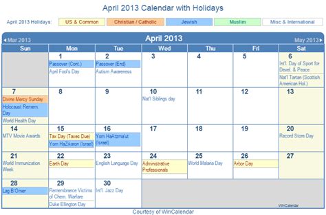 print friendly april 2013 us calendar for printing