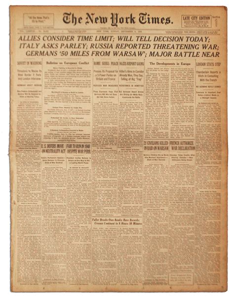 lot detail 3 september 1939 of the new york times russia reported threatening war
