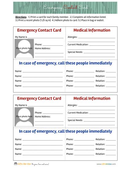 printable emergency card template page    edit