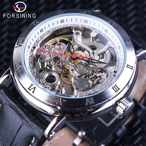 forsining automatic  silver case openwork watches black genuine leather band flower