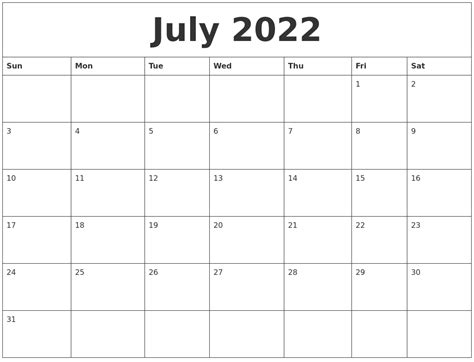 july  print blank calendar