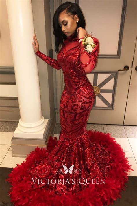 red sequin  feather hemline mermaid prom dress black girl prom dresses long sleeve