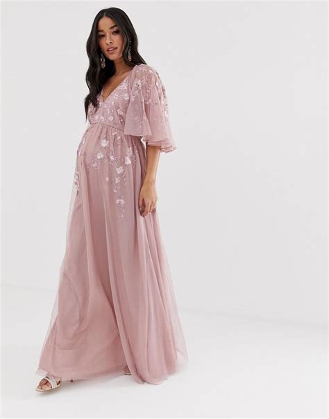 asos chiffon maternity flutter sleeve maxi dress  embroidered mesh  pink lyst