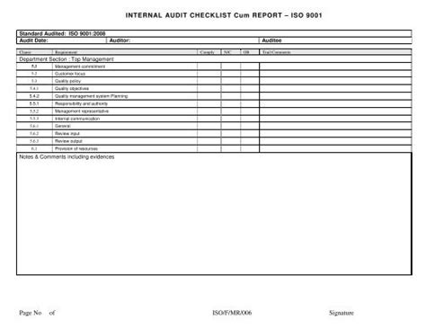 Internal Audit Checklist Cum Report – Iso 9001 Page No