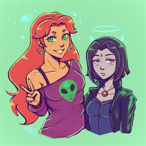 raven and starfire dc comics and 1 more drawn by iahfy