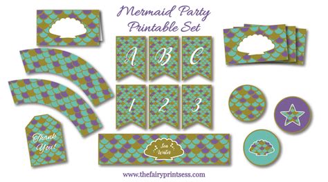 mermaid party printable set  banner cards labels