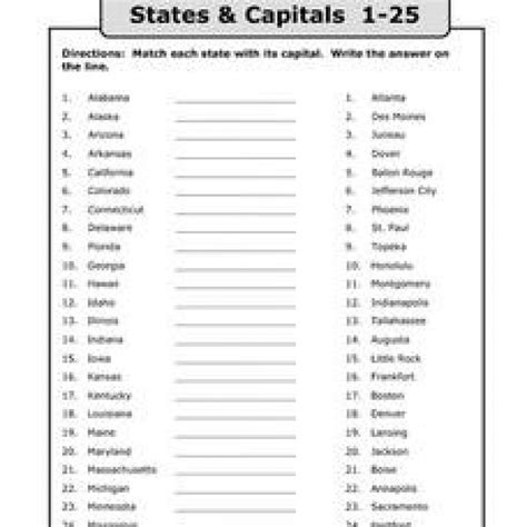 states  capitals printable list