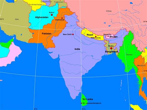printable labeled south asia physical map  countries   world map