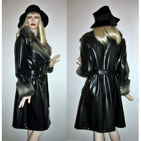 Vintage 60s 70s Trench Coat Black Pvc Faux Leather Fur