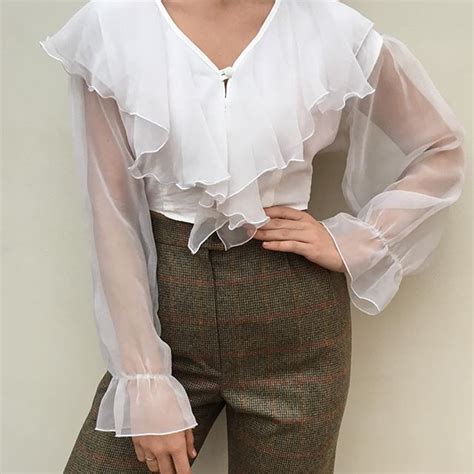 vintage sheer ruffled cropped blouse s m a couple places of hardly
