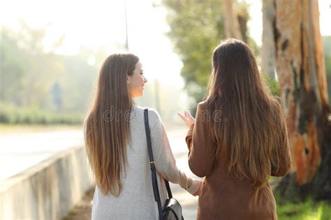Back View Of Two Women Walking And Talking In A Park Stock Image