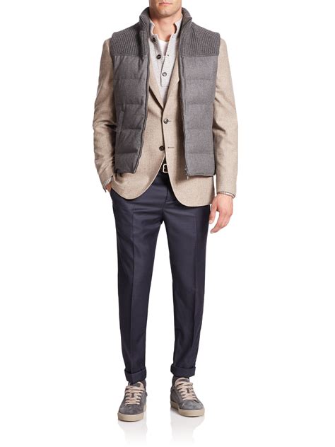 brunello cucinelli flannel puffer vest in gray for men lyst