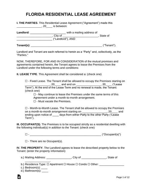 florida lease agreement templates   word eforms