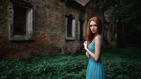 Wallpaper Women Outdoors Redhead Blue Dress Bricks Georgy
