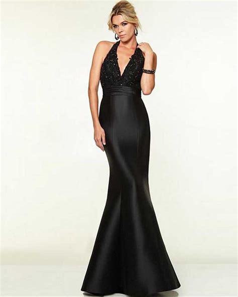 Joky Quaon Sexy Halter Deep V Neck Backless Black Satin Formal Evening