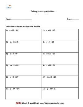 adding  subtracting  step equations worksheets  answers