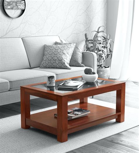 Buy Mckenzy Solid Wood Coffee Table With Glass Top In Honey Oak Finish
