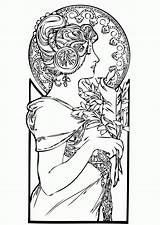 Coloring Nouveau Pages Adult Adults Deco Book Printable Femme Mucha Style Alphonse Woman Color Drawing Beautiful Coloriage Drawn Google Books sketch template