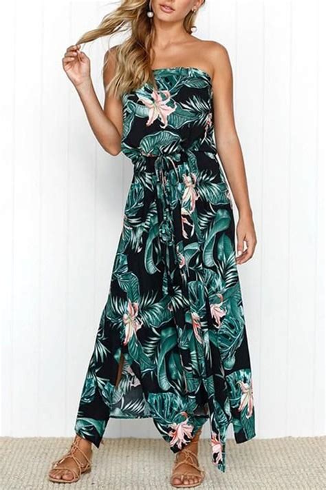 Summer Holiday Green Leaves Floral Print Strapless Maxi