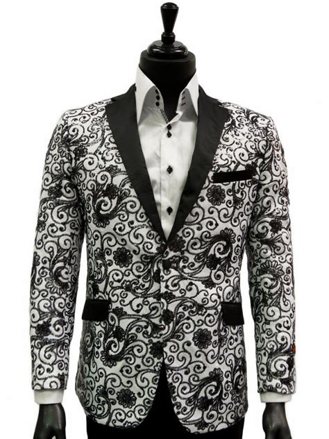 manzini mens black white sequin embroidery paisley design trendy formal blazer ultimate menswear