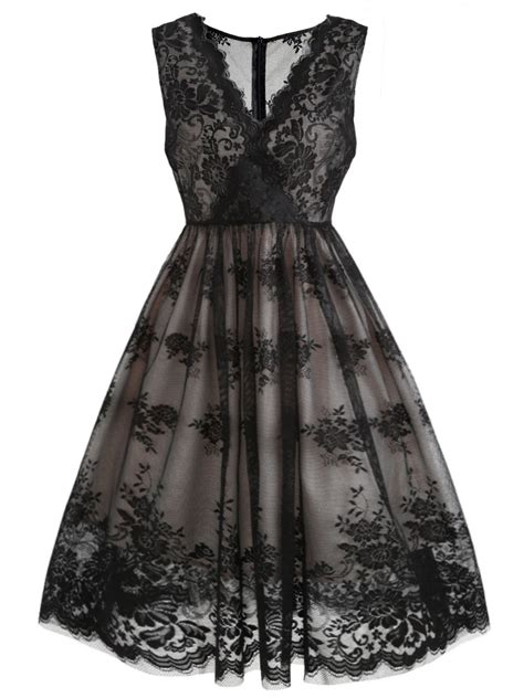 black 1950s lace floral swing dress retro stage chic vintage