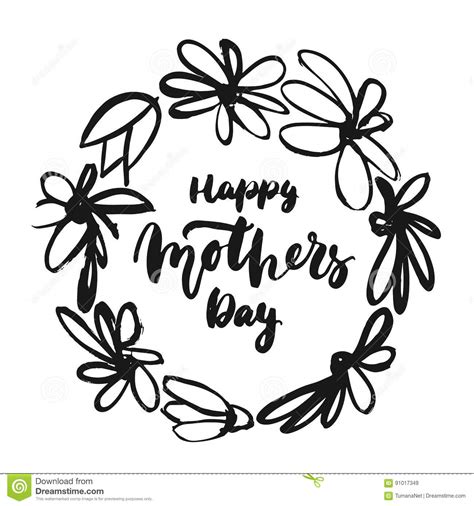 happy mother`s day hand drawn lettering phrase with flower wreath