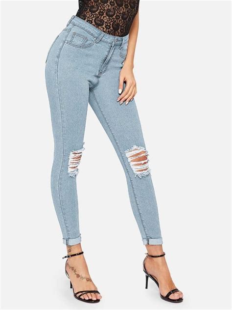 Ripped Detail Bleach Wash Skinny Jeans