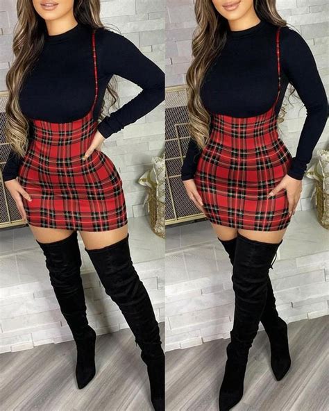 long sleeve cutout back top and plaid suspender skirt set in 2022