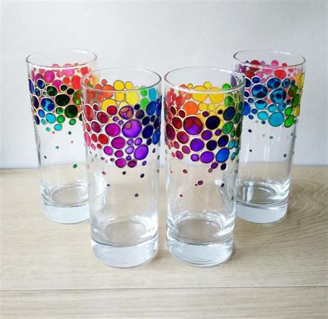 Rainbow Drinking Glasses Set Of 4 Hand Painted Colored