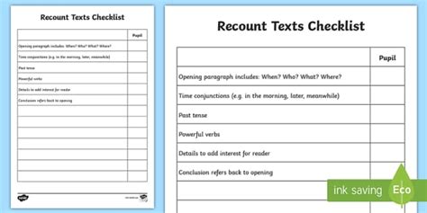 recount checklist ks english resources teacher