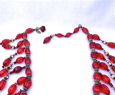 Signed Haskell Red Carved Glass Bead Necklace The