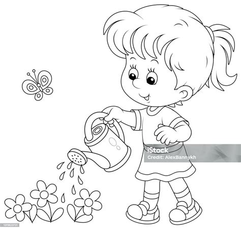 Gadis Kecil Bahagia Menyiram Bunga Ilustrasi Stok Unduh Gambar