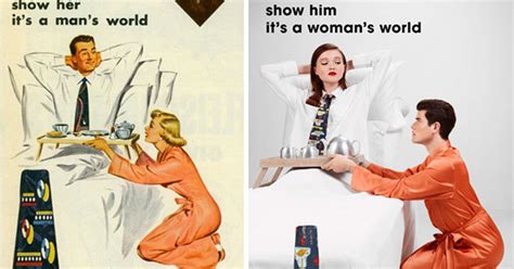 artist gives vintage ads a feminist makeover by swapping gender roles