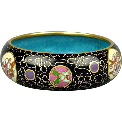 vintage chinese black enamel cloisonne bangle bracelet floral insets