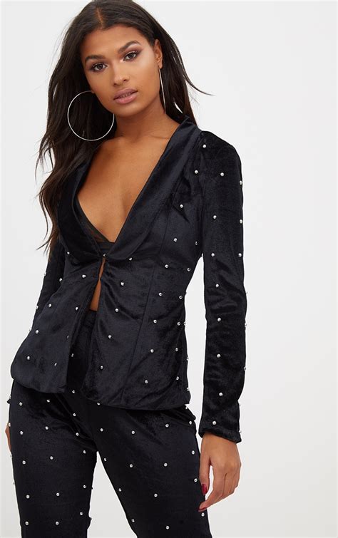 black embellished velvet suit jacket prettylittlething usa