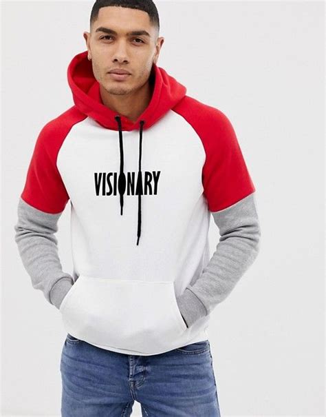 bershka color block hoodie  chest print asos men fashion casual outfits hoodies men