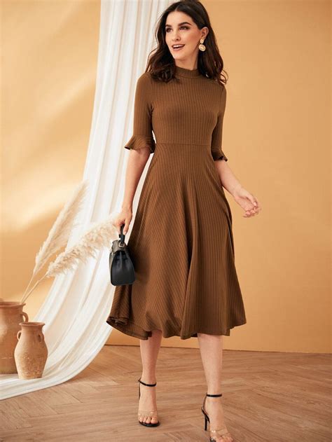 Mock Neck Rib Knit Fit And Flare Dress Shein Usa Fit And Flare