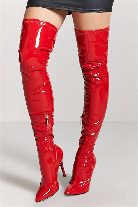 forever 21 faux patent leather thigh high boots in red lyst