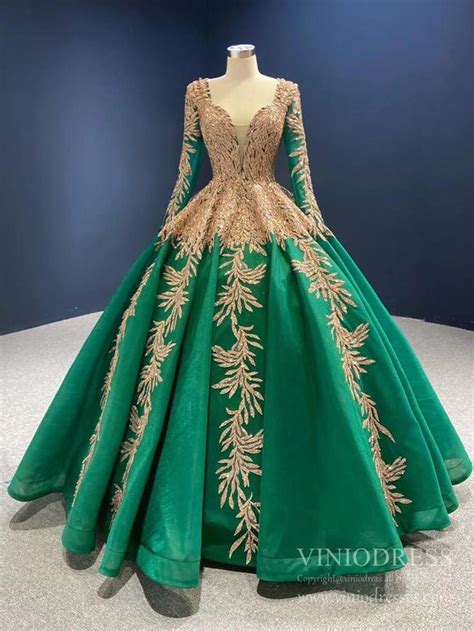 emerald green long sleeve muslim wedding dress gold lace quinceanera dresses fd